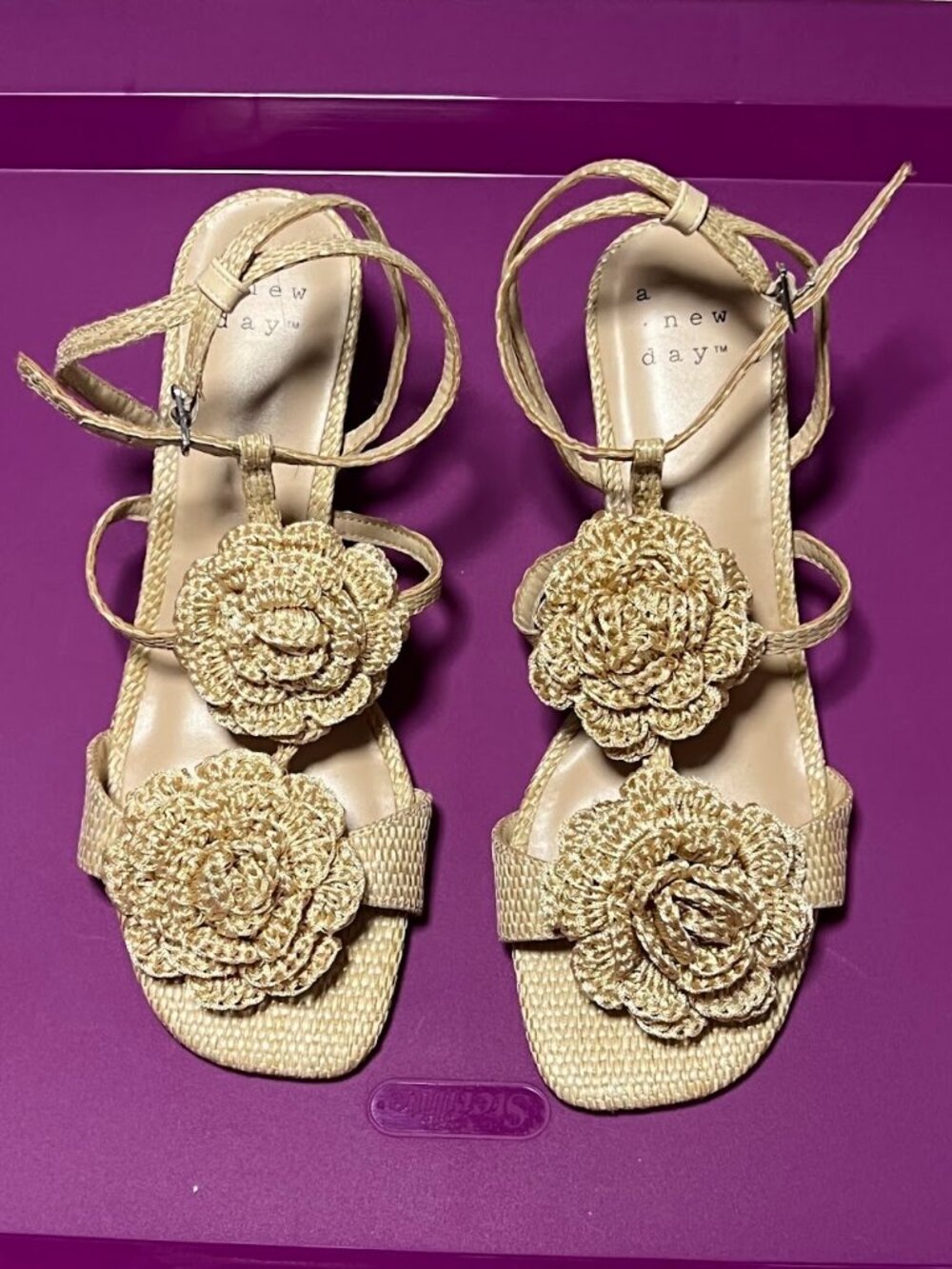 Brand new A New Day Esme Floral Crochet Coquette Kitten Heels in Tan Size 8